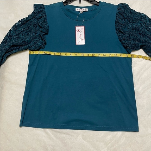 JOY JOY Women's Lace Sleeve Top-Teal Festive Size M - Picture 6 of 6